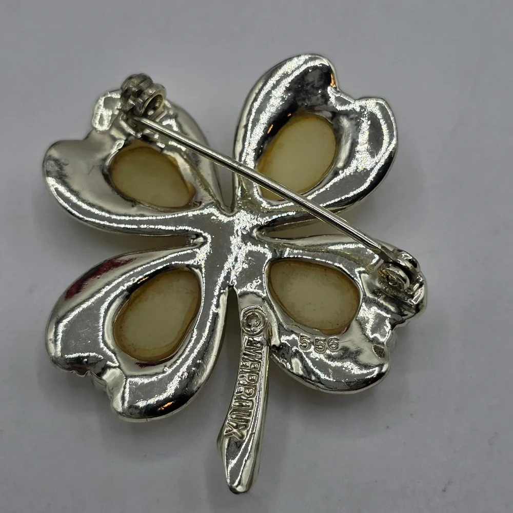 Marboux Vintage Four Leaf Clover Brooch‎ Silver Tone Yellow Lucite Signed 556
